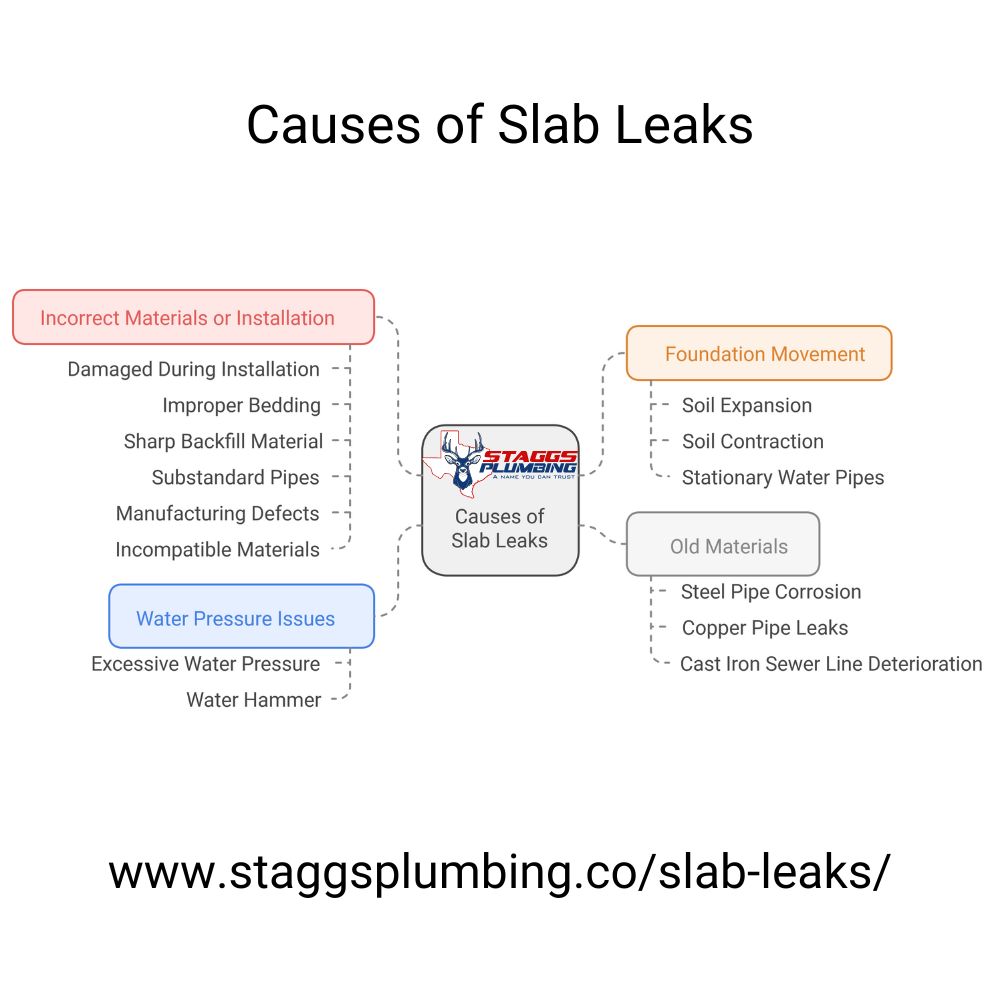 Slab leaks occur due to various factors, including foundation movement, aging or incompatible plumbing materials, improper installation, and water pressure issues. Staggs Plumbing has over 30 years of experience addressing these leaks. Foundation movement caused by soil expansion and contraction in dry summers and wet winters places stress on stationary water pipes, which can eventually lead to breaks. Older homes often have galvanized steel or copper pipes, which corrode over time, causing leaks. Improper installation—such as using low-quality materials, sharp backfill, or incorrect bedding—can also lead to slab leaks by creating pressure points or weak spots in the pipes. High water pressure, particularly from water hammer surges, stresses pipes and can lead to leaks. Staggs Plumbing can diagnose and repair slab leaks to protect your home’s foundation and plumbing system.