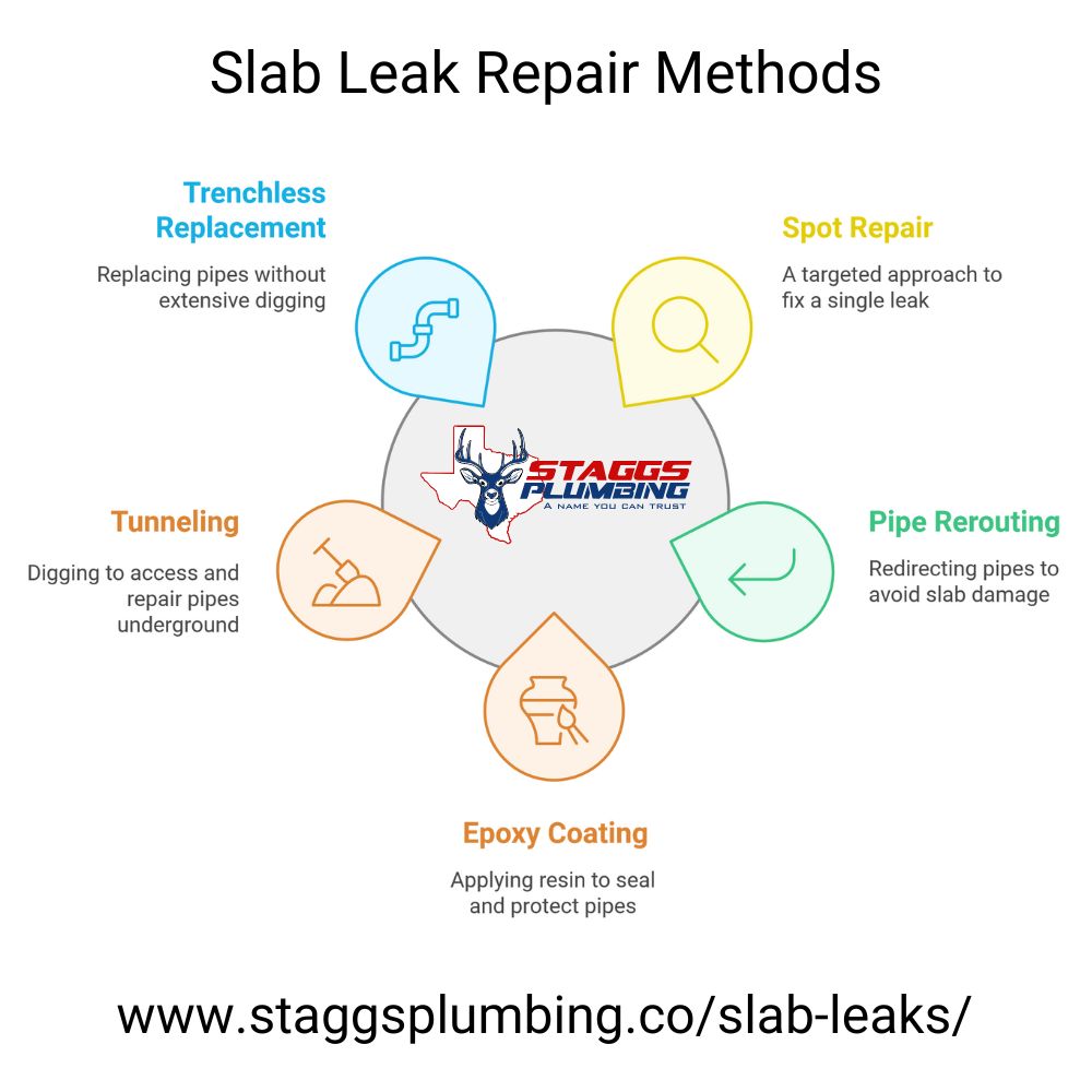 Repairing slab leaks promptly is crucial to prevent structural damage, mold growth, and high water bills. Staggs Plumbing in Dallas offers multiple repair methods, each suited to specific situations. Spot repair involves accessing and fixing the exact leak location, ideal for single leaks but can be invasive. Pipe rerouting bypasses the slab entirely, making future access easier and suitable for multiple leaks, though it may be costly. Epoxy pipe coating applies a resin inside pipes to seal leaks without excavation, best for minor leaks in hard-to-reach areas. Tunneling under the slab allows pipe repair without interior disruption, making it useful for high-value interiors but labor-intensive. Trenchless pipe replacement pulls a new pipe through the old one, minimizing surface damage, ideal for outdoor pipes but requires specific conditions. Each method is tailored to provide effective, lasting solutions depending on the severity and location of the slab leak.