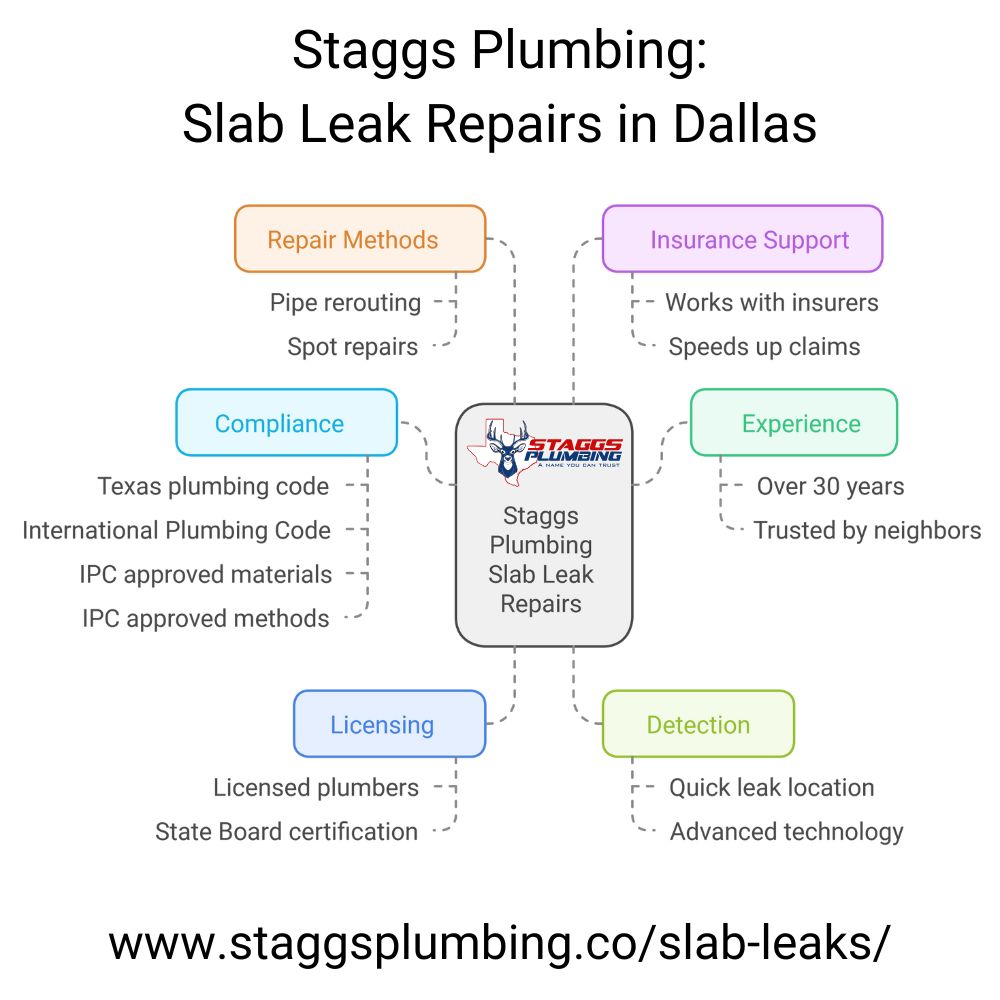 Staggs Plumbing is a trusted Dallas-based plumber specializing in slab leak repairs. Common signs of a slab leak include wet or warm spots on your floor, a constantly running water heater, or the persistent sound of running water. Slab leaks can lead to serious damage, affecting flooring, walls, furniture, and the structural integrity of your home if not repaired promptly. With over 30 years of experience, Staggs Plumbing’s licensed team follows Texas and International Plumbing Codes, uses IPC-approved materials and methods, and leverages advanced equipment for precise leak detection. They provide permanent repairs through pipe rerouting or spot repairs and can assist with insurance claims to expedite the process.