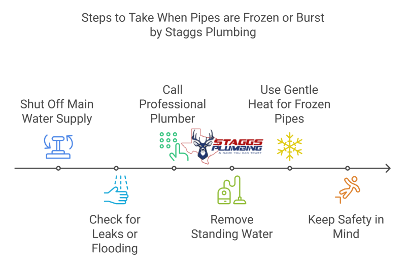 Staggs Plumbing, a Texas-based plumbing company with over 30 years of experience and a Master Plumber License, offers 24/7 emergency services for frozen and burst pipes. The company explains that pipe bursting occurs not from the ice expansion itself, but from pressure buildup when water gets trapped between ice blockages and closed faucets. Their five-step process includes locating frozen sections, carefully thawing pipes, repairing or replacing damaged sections, inspecting for other vulnerabilities, and providing preventive advice. To prevent frozen pipes, homeowners should open cabinet doors to allow warm air circulation, maintain a small water flow through faucets, install pipe insulation (especially in cold areas like basements, attics, and garages), and seal drafts. If pipes do freeze, immediate actions should include shutting off the main water supply, checking for leaks, removing standing water, applying gentle heat (avoiding open flames), and being mindful of electrical hazards near water. The company, which is affiliated with the Plumbing-Heating-Cooling Contractors Association (PHCC) and maintains BBB Accreditation, emphasizes their commitment to transparent pricing and rapid response times to minimize water damage and repair costs.